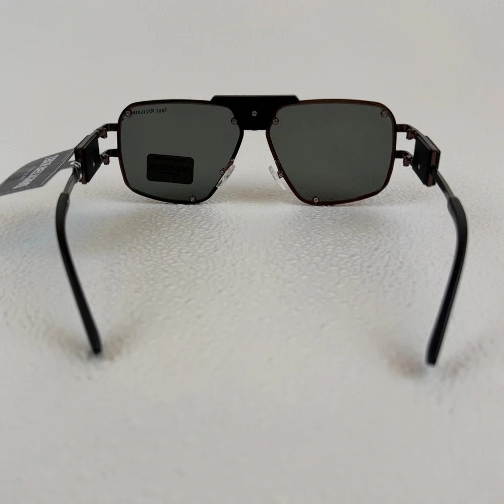 NWT True Religion Aviator Sunglasses Solid Lens Brown Frame Bold Hardware Unisex